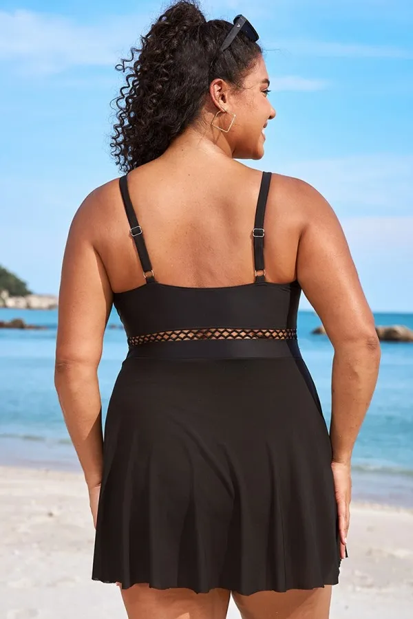 Plus Size Black Lattice Plunge Mesh Swimdress