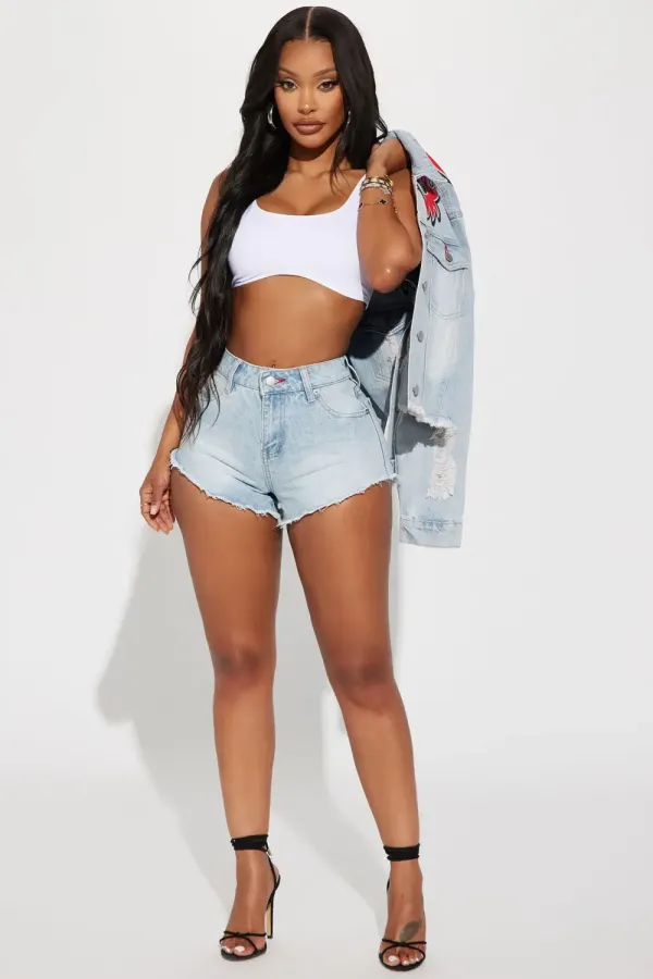 Life Of Sin Faux Leather Patch Denim Shorts - Light Wash