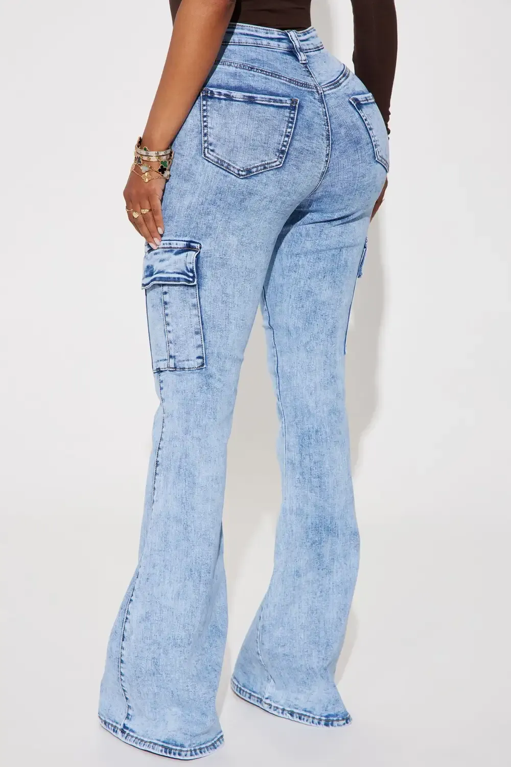 That A Girl Stretch Cargo Flare Jeans - Acid Wash Blue