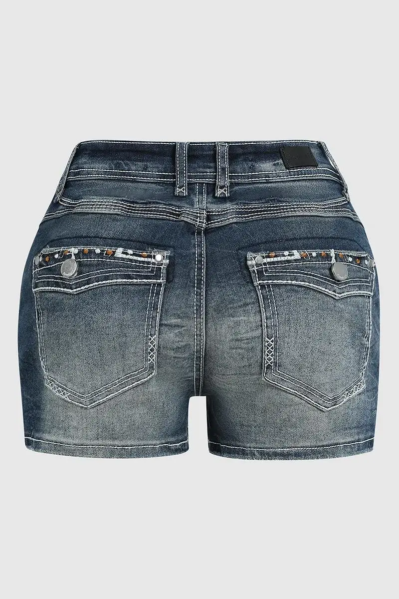 Wash Rhinestone Decor Flap Pocket Low Waist Denim Shorts