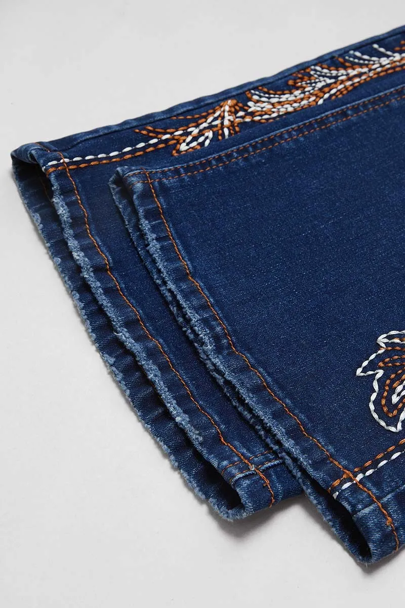 Wash Graphic Embroidery Flap Pocket Mid Rise Bootcut Jeans Without Belt