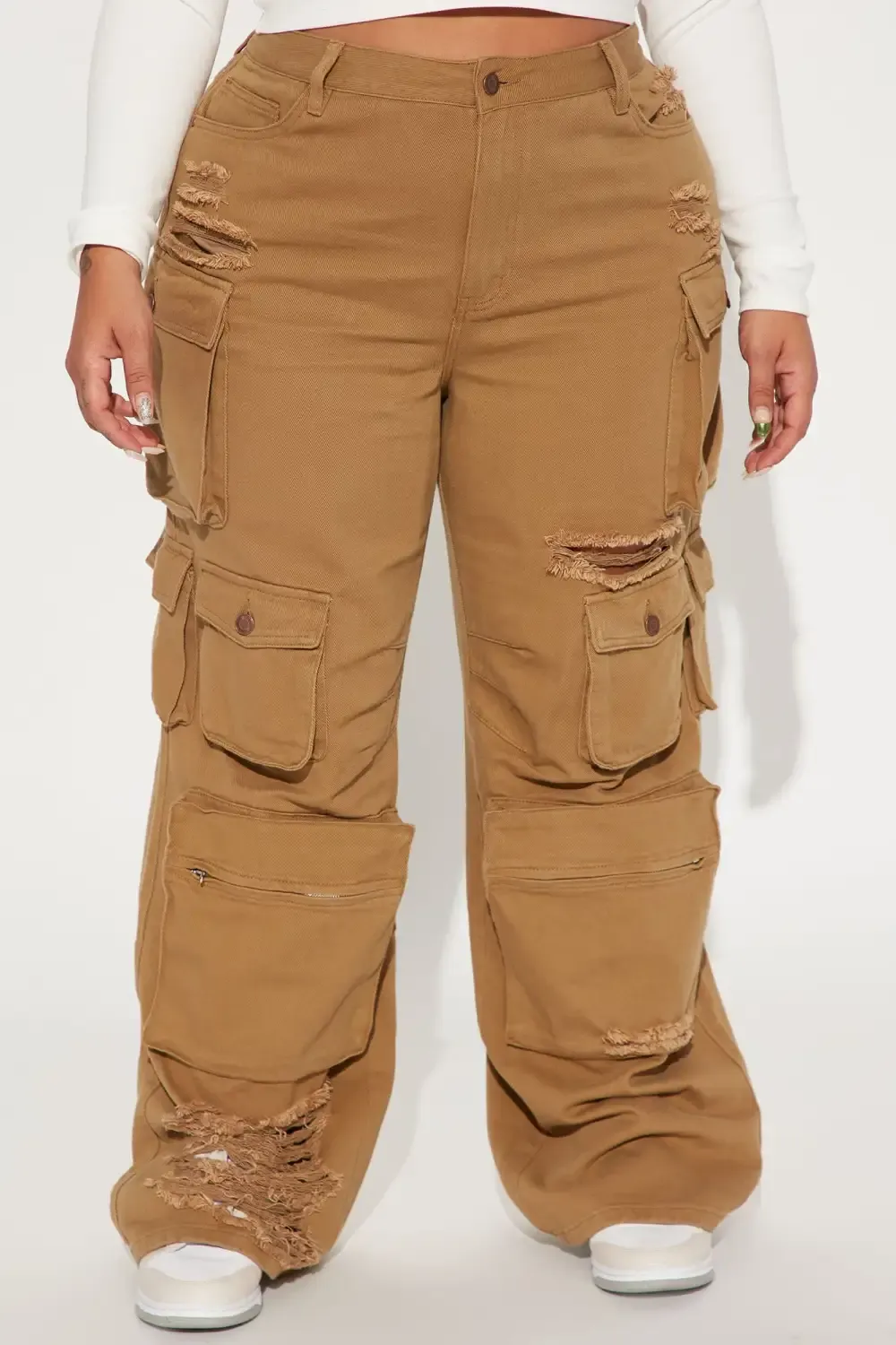 Lily High Rise Distressed Cargo Jeans - Olive
