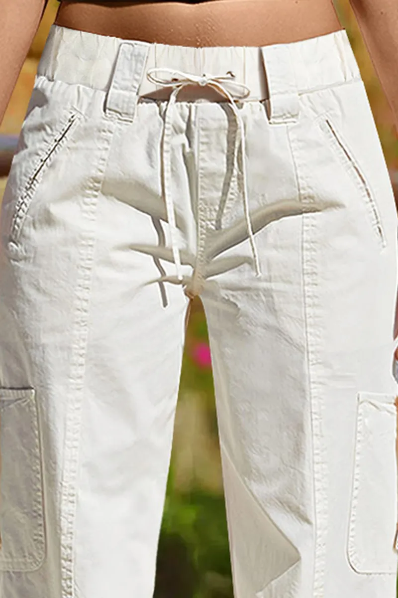 Drawstring Waist Tape Pocket Stitch High Rise Straight Pants