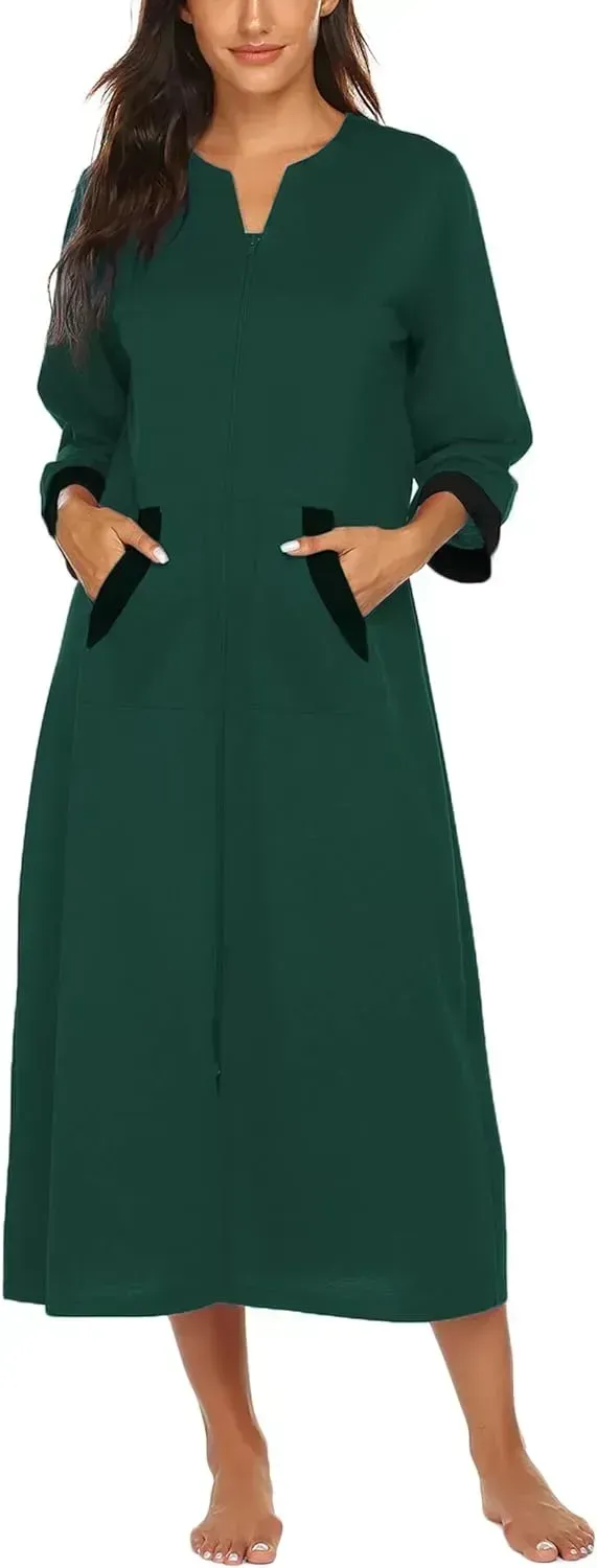 Women Zipper Robe 3/4 Sleeves Loungewear Dress Full Length Sleepwear Pockets Housecoat Nightgown Long Bathrobe