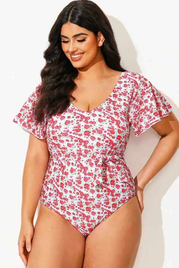 Floral Printed One Piece Swimsuit With Sleeves