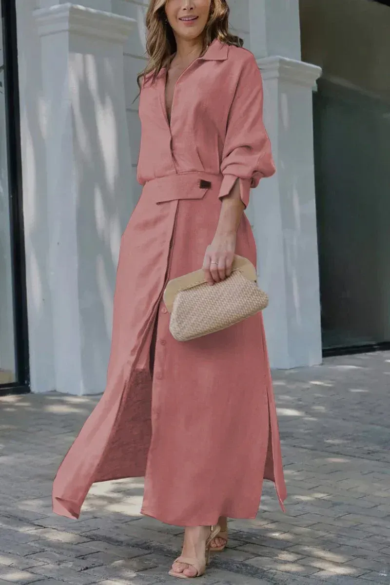 Women's Lapel Long Sleeve Casual Cotton and Linen Dress