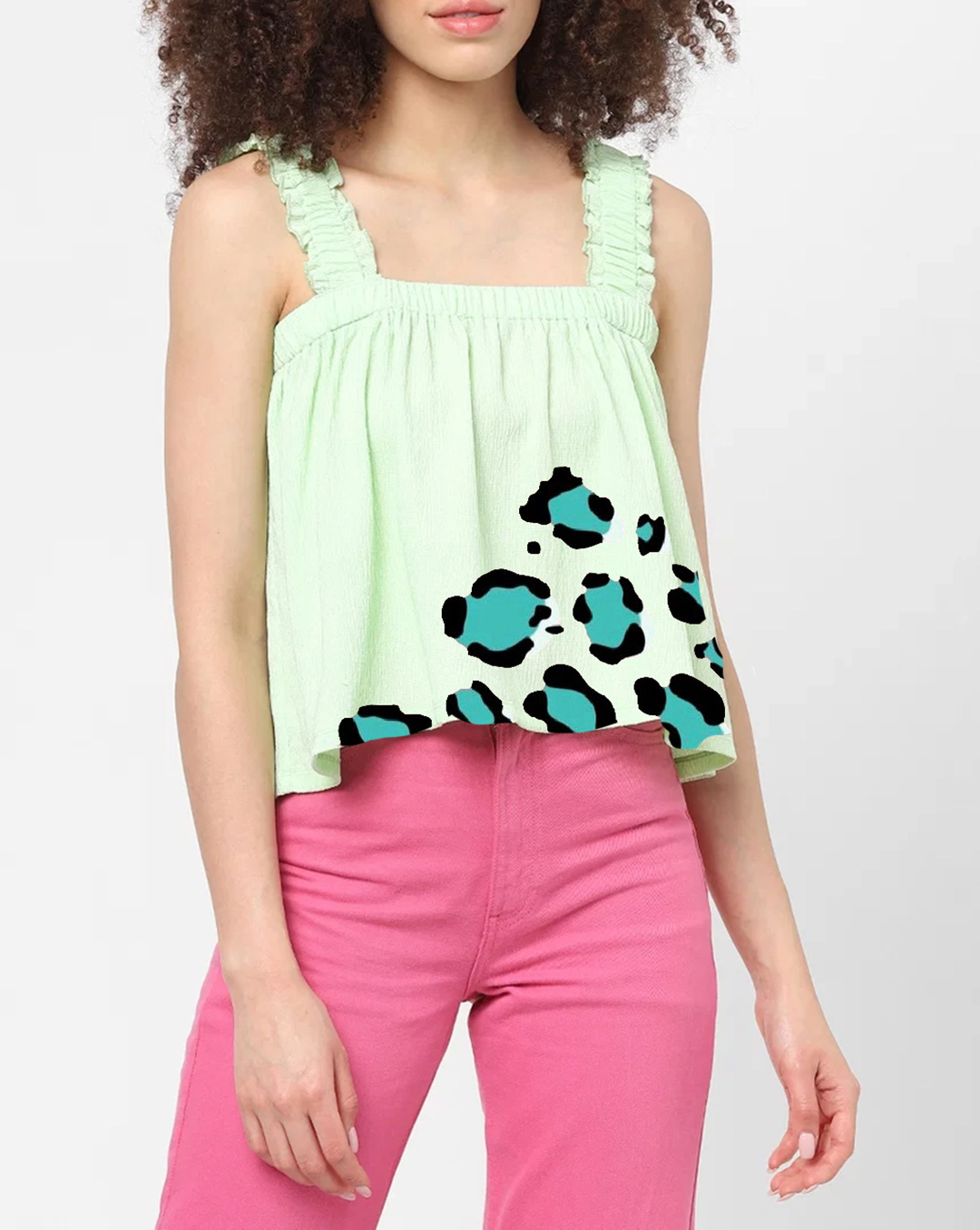 Light Green Ruffled Leopard Print Crop Top