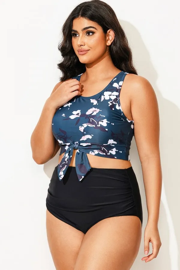 Green Floral Print Knotted Crop Bikini Top