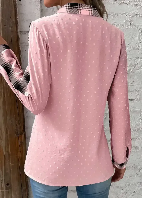 Pink Patchwork Striped Long Sleeve Shirt Collar Blouse