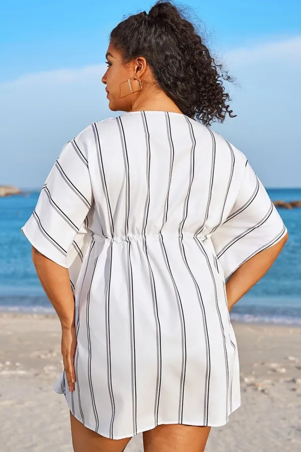 V-Neck Loose Retro Striped Drawstring Cover Up