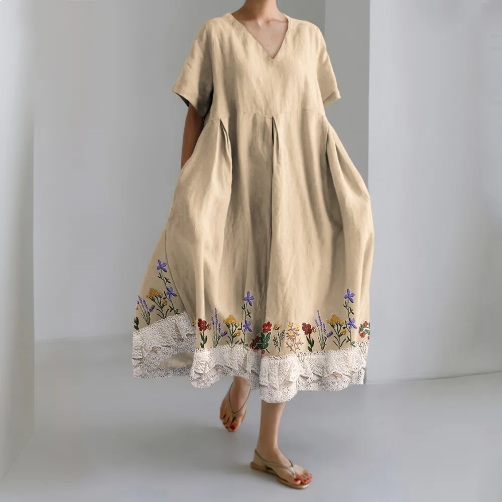 Vintage Floral Embroidered Lace Linen Blend V-neck Dress