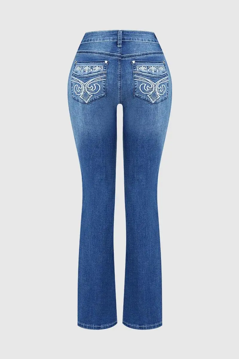 Wash Baroque Embroidery Mid Rise Bootcut Jeans Without Belt