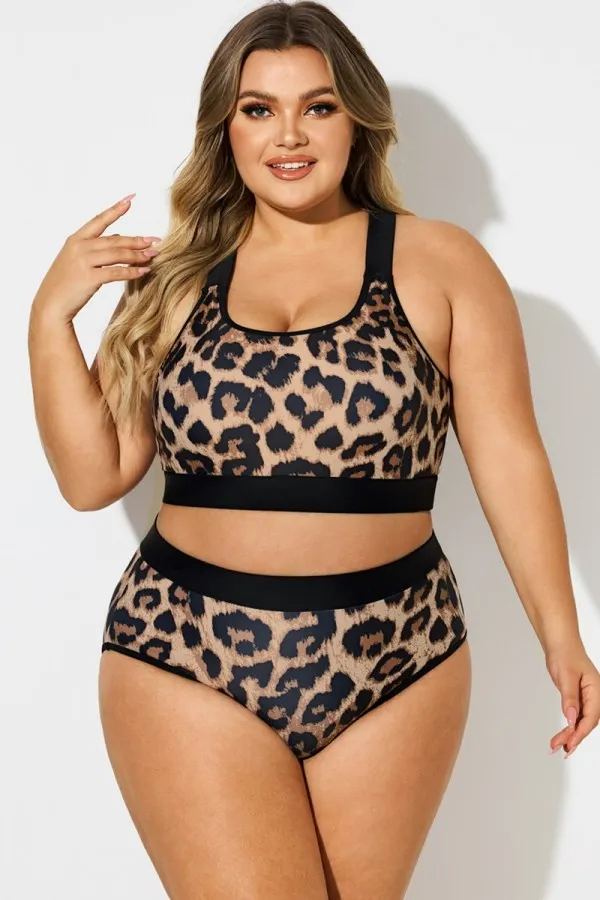 Plus Size Leopard Print Square Neck Bikini Top