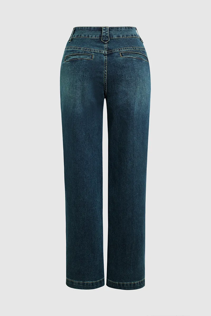 Vintage Oblique Button Mid Waist Straight Leg Jeans