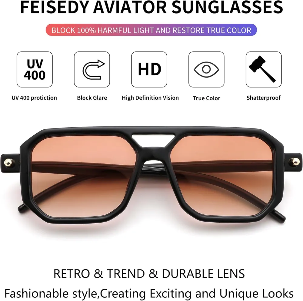 FEISEDY Vintage Square 70s Flat Aviator Sunglasses Women Men Classic Retro Stylish Frame UV400 Sunglasses B2622
