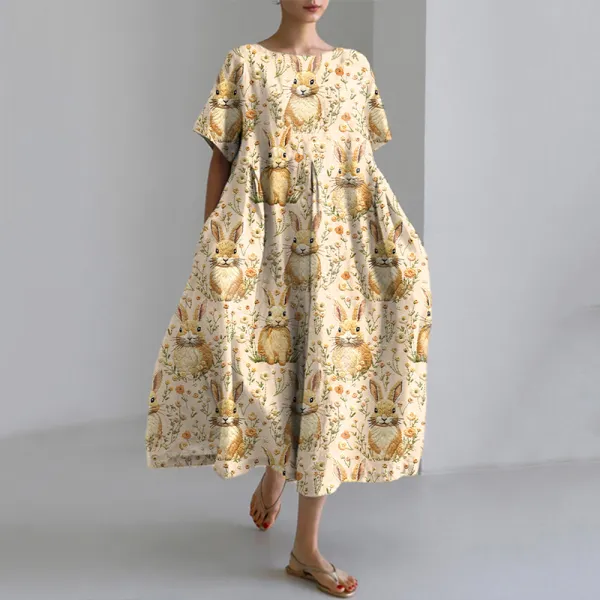 Women's Floral Bunny Embroidered Linen Blend Dress