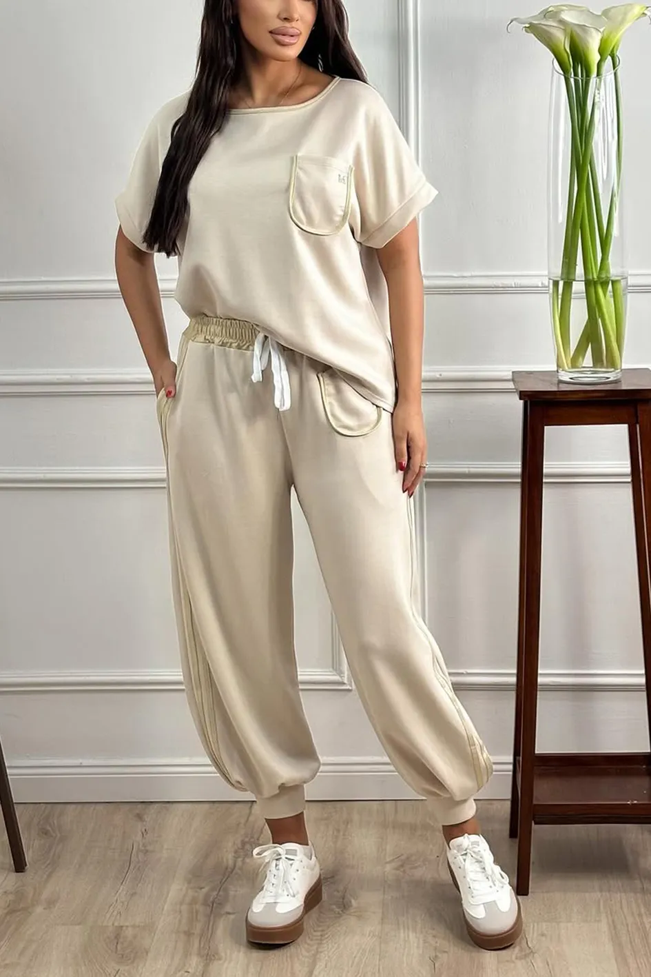 Women'S Contrasting Casual Top And Pants Two-Piece Set