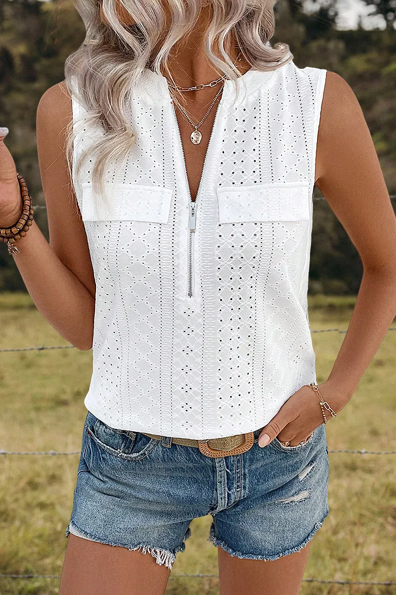 Eyelet Embroidery Flap Decor Half Zip Tank Top