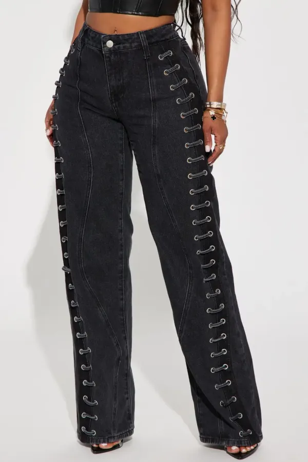 Mind Games Lace Up Non Stretch Straight Leg Jean - Black Wash