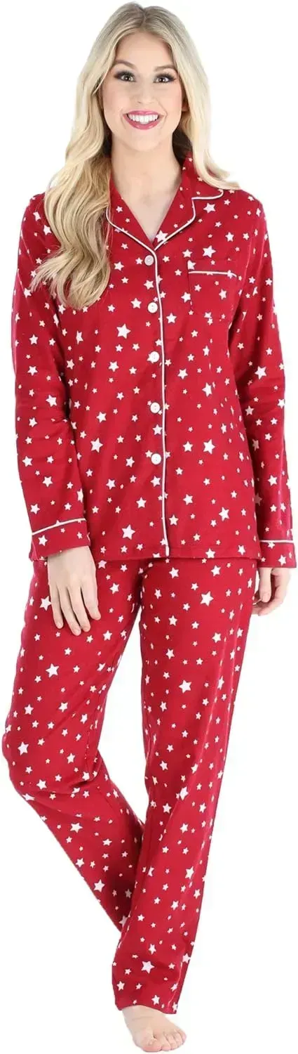 Women's Cotton Flannel Long Sleeve Button-Down Pajamas PJ Set