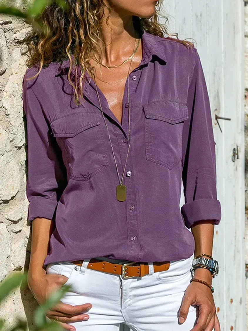 Plain Buttoned Pockets Casual Long Sleeve Shirt