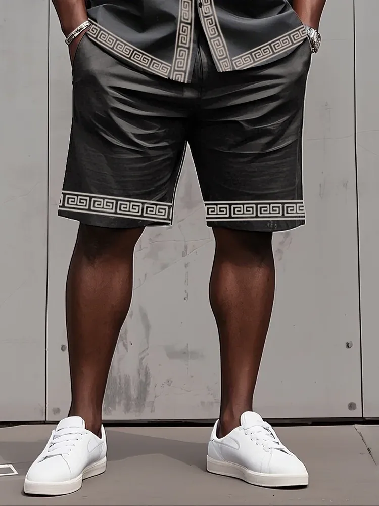 Big Man'S Retro Daily Casual Edge Color Block Printing Short Sleeve Shirt Shorts Suit