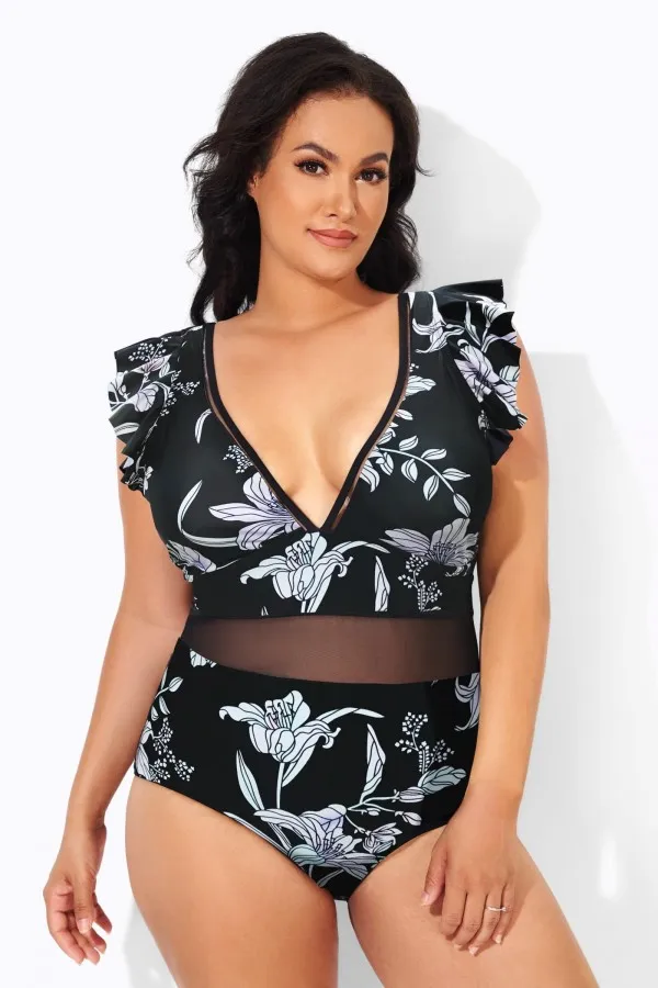 Black Ruffle Plunge V Neck One Piece Swimsuit