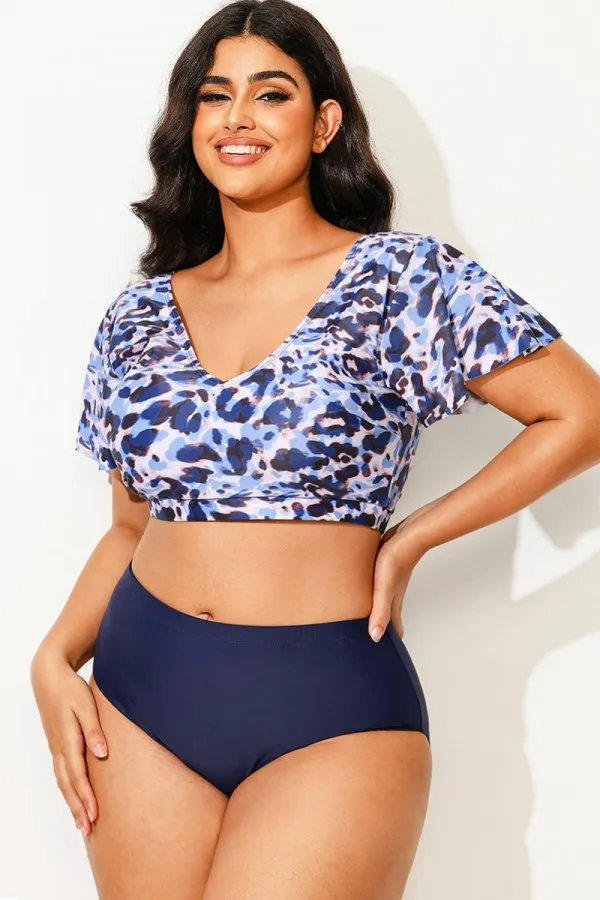 Floral Print V-Neck Flutter Sleeve Bikini Top