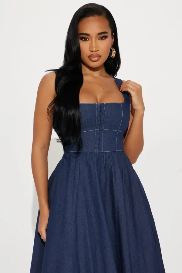 Kya Denim Midi Dress - Dark Wash