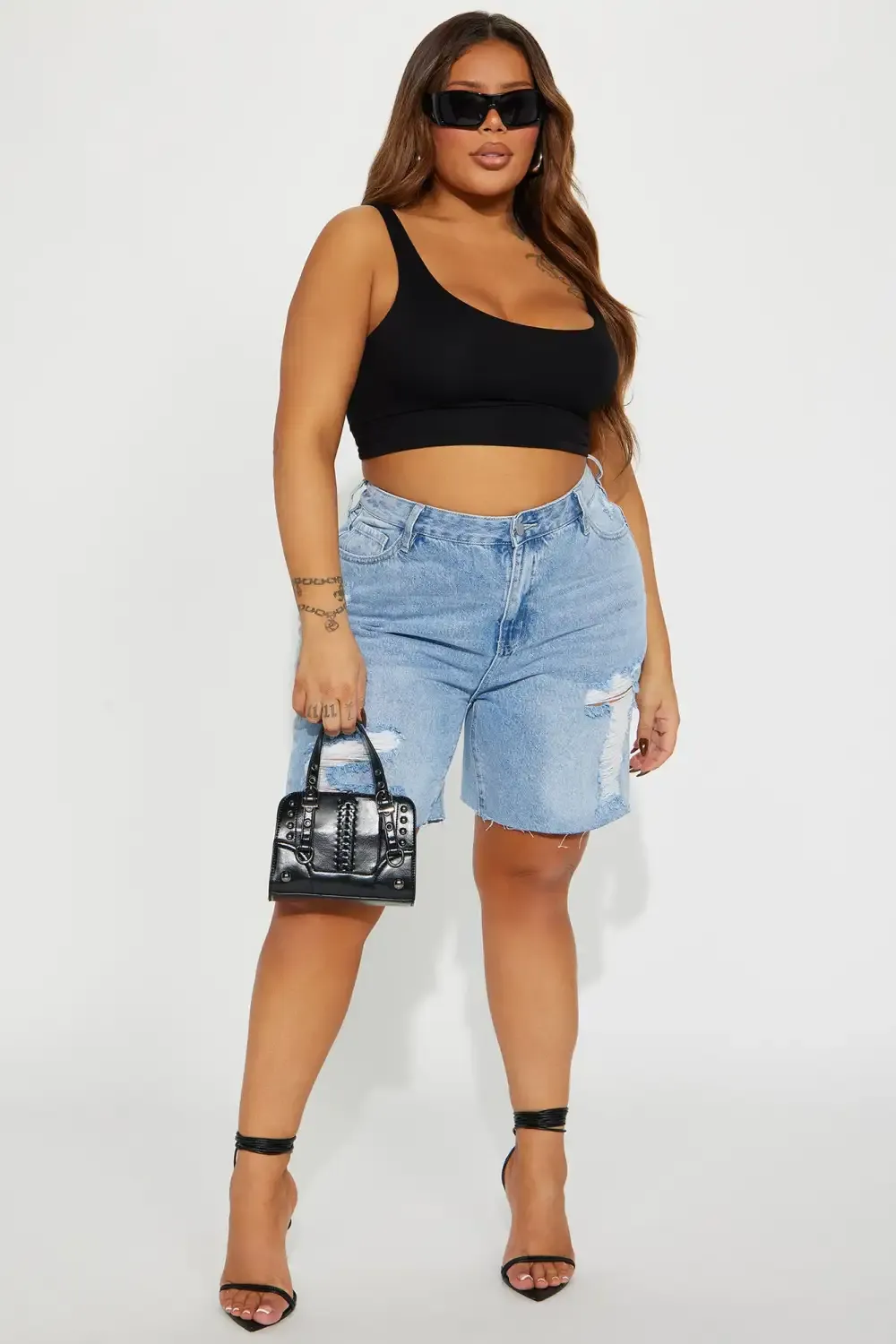 She's Bad Tattoo Embroidered Denim Bermuda Shorts - Light Wash
