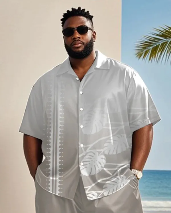 Big & Tall Men's Grey Gradient Coconut Tree Print Shirt and Shorts Suit