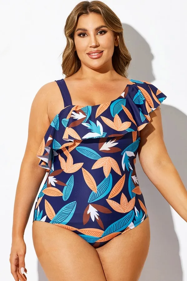 Blue Leaf Print Asymmetric One Piece Swimsuit