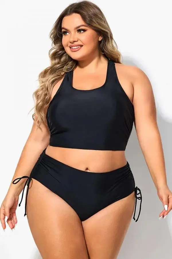 Black Scoop Neck Racerback Shirred Bikini Top