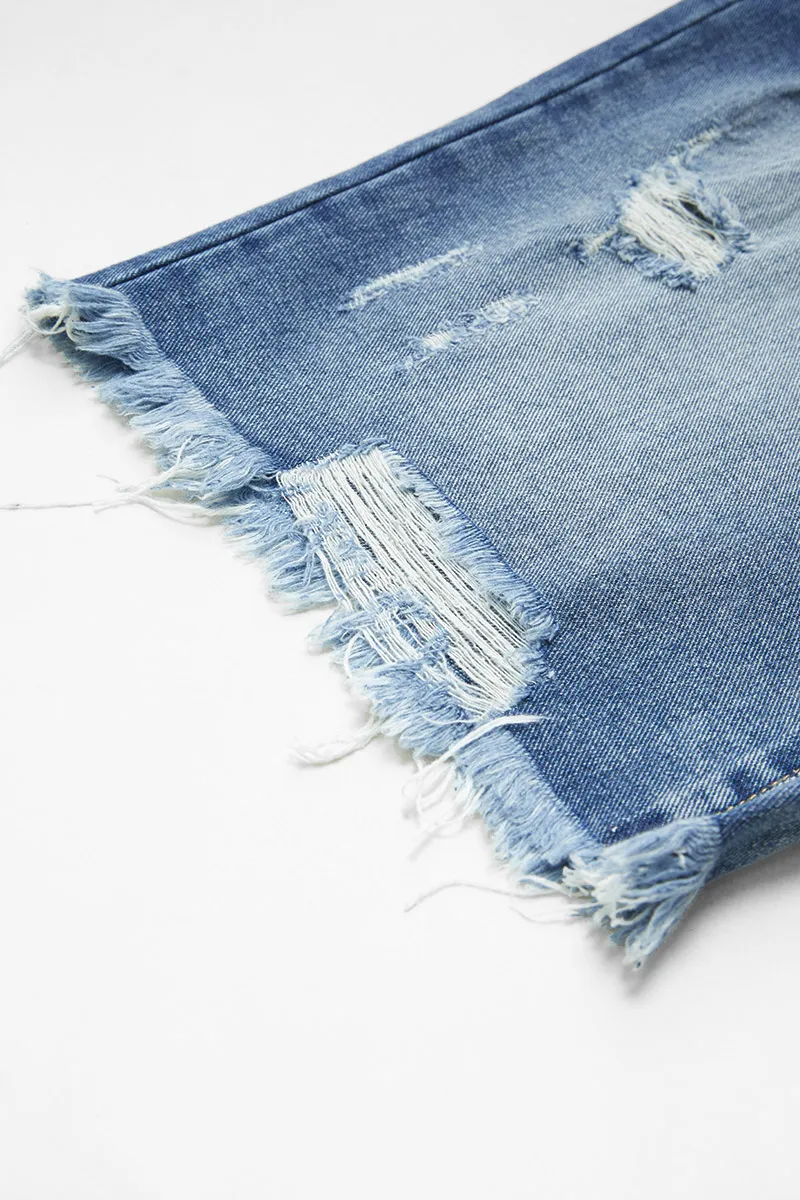 Raw Hem Ripped High Rise Bermuda Denim Shorts