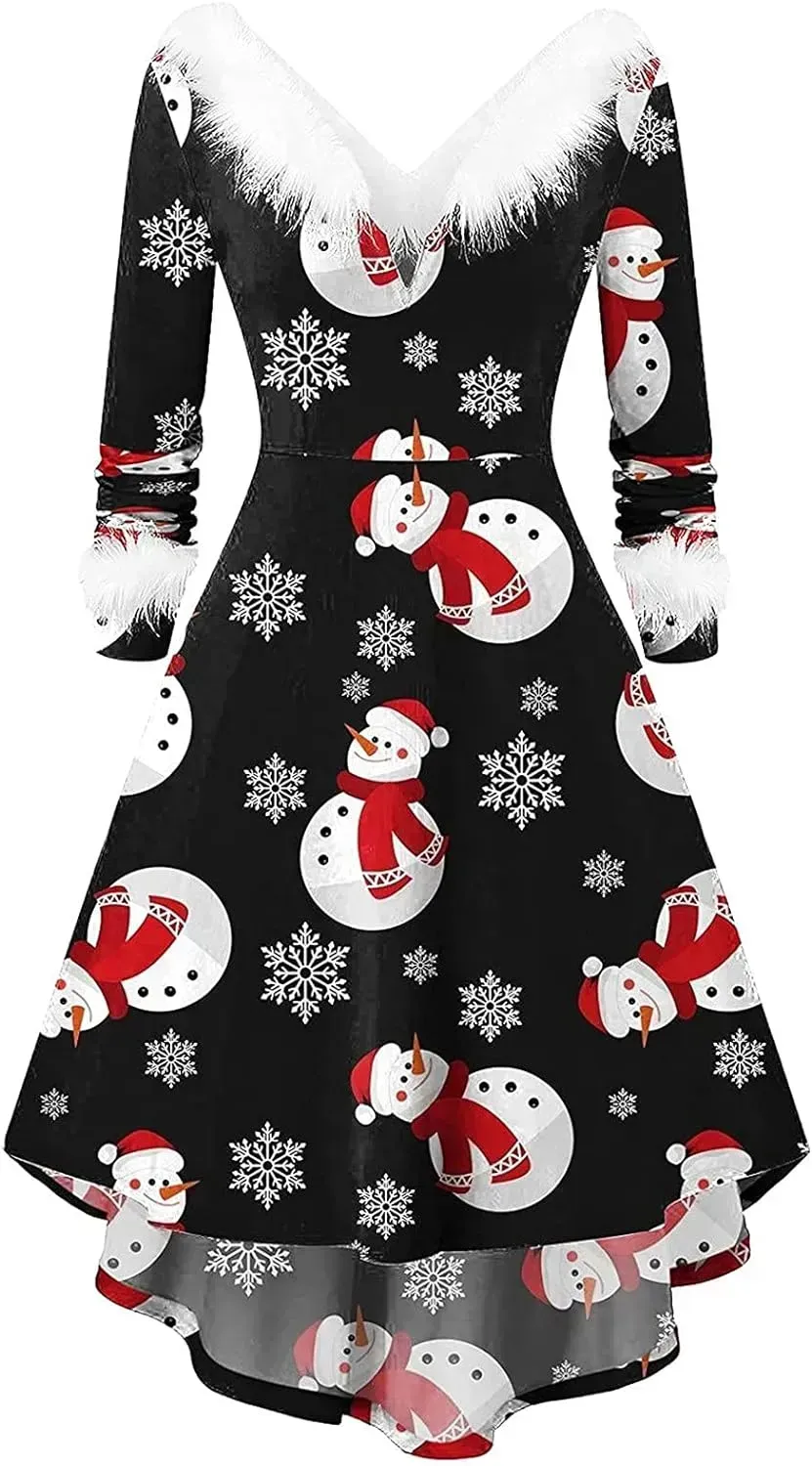 Womens Christmas Dress Fuzzy Mrs Claus Christmas Holiday Xmas Cocktail Holiday Party Flare Dress