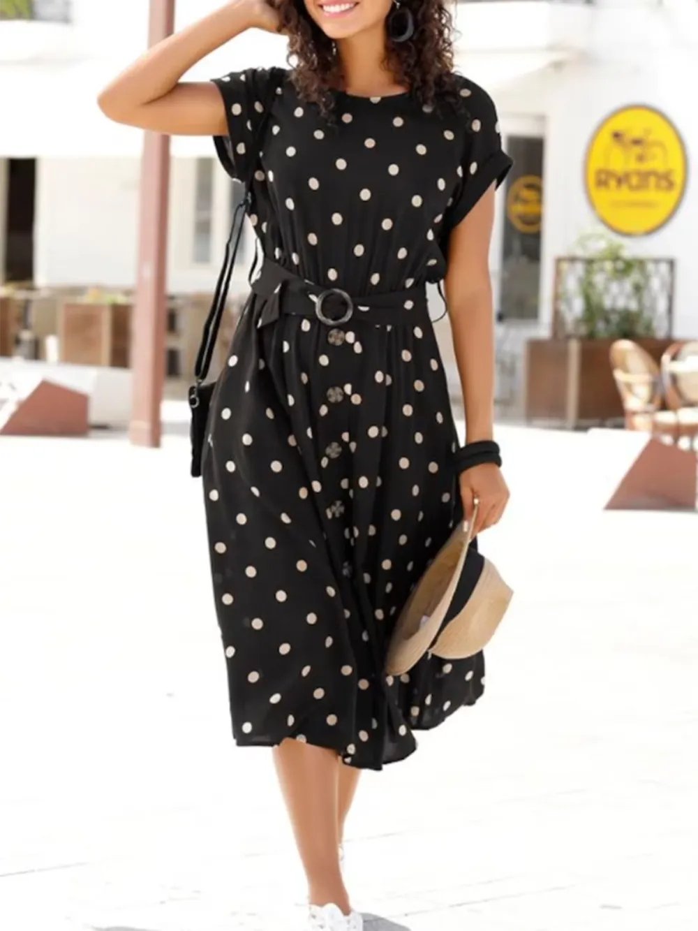 PolkaDot Crew Neck Casual Style Dress