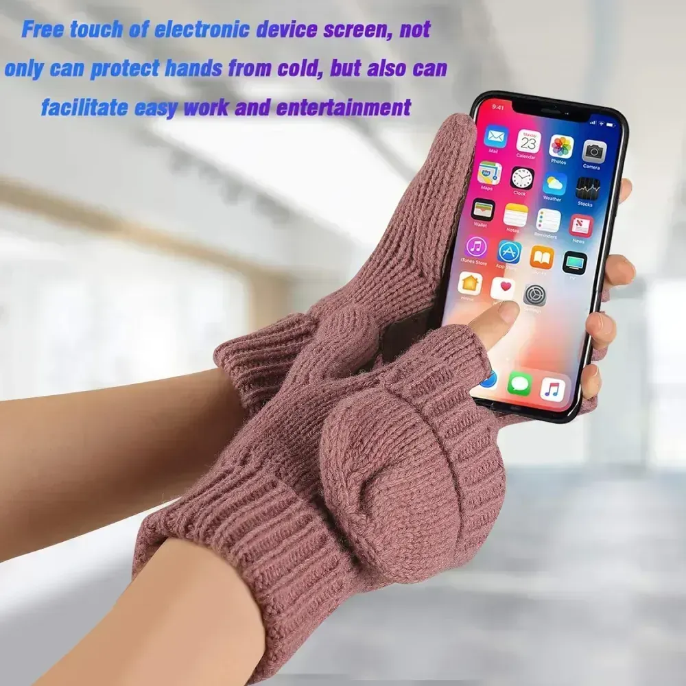 Bodvera Thermal Insulation Fingerless Texting Wool Gloves for Women and Men Winter Warm Knitted Convertible Mittens Flap