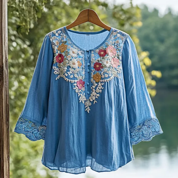 Women's Lace Cut-out Floral Button Linen Shirt