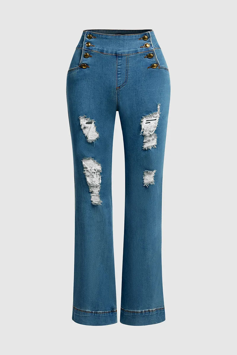 Ripped Double Breasted Button Fly High Rise Bootcut Jeans