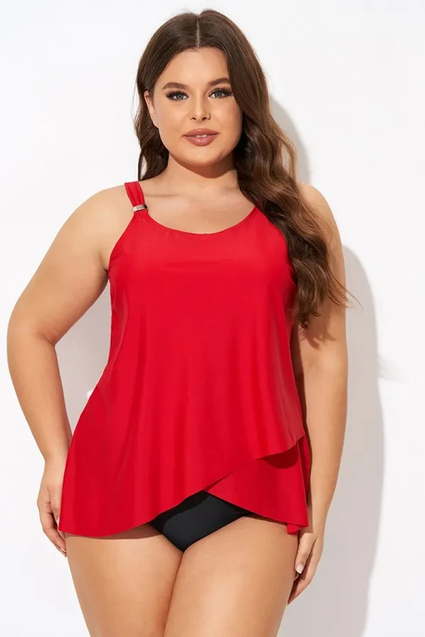 Solid Red Flowy Front Full Straight Back Tankini Top