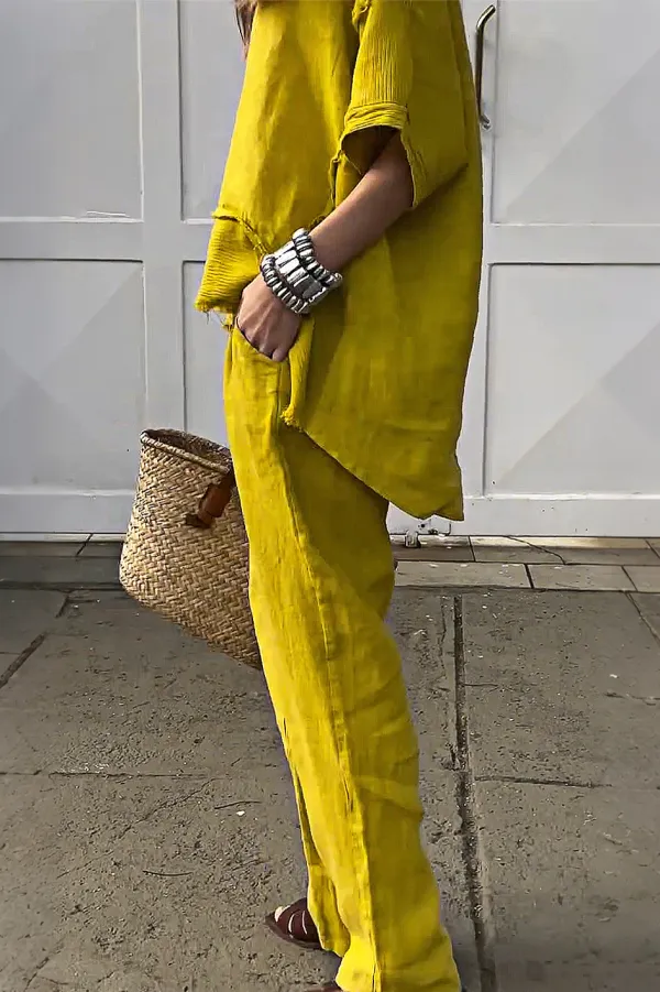 Women'S Casual Cotton And Linen Top And Pants Two-Piece Set