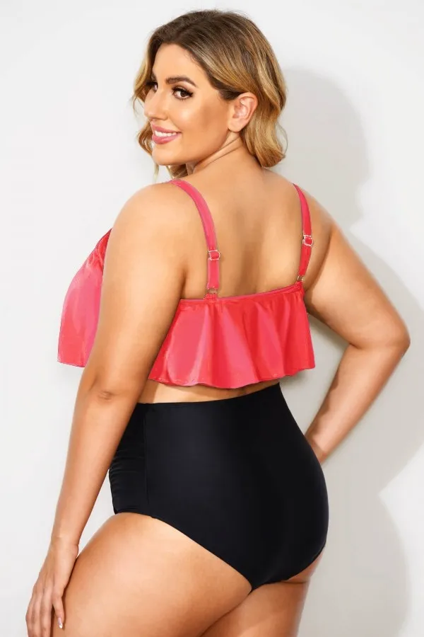 Dark Pink Scoop Neck Ruffle Bikini Top