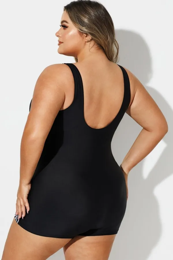Black & White V-Neck Shorty Sports One Piece Swimsuit