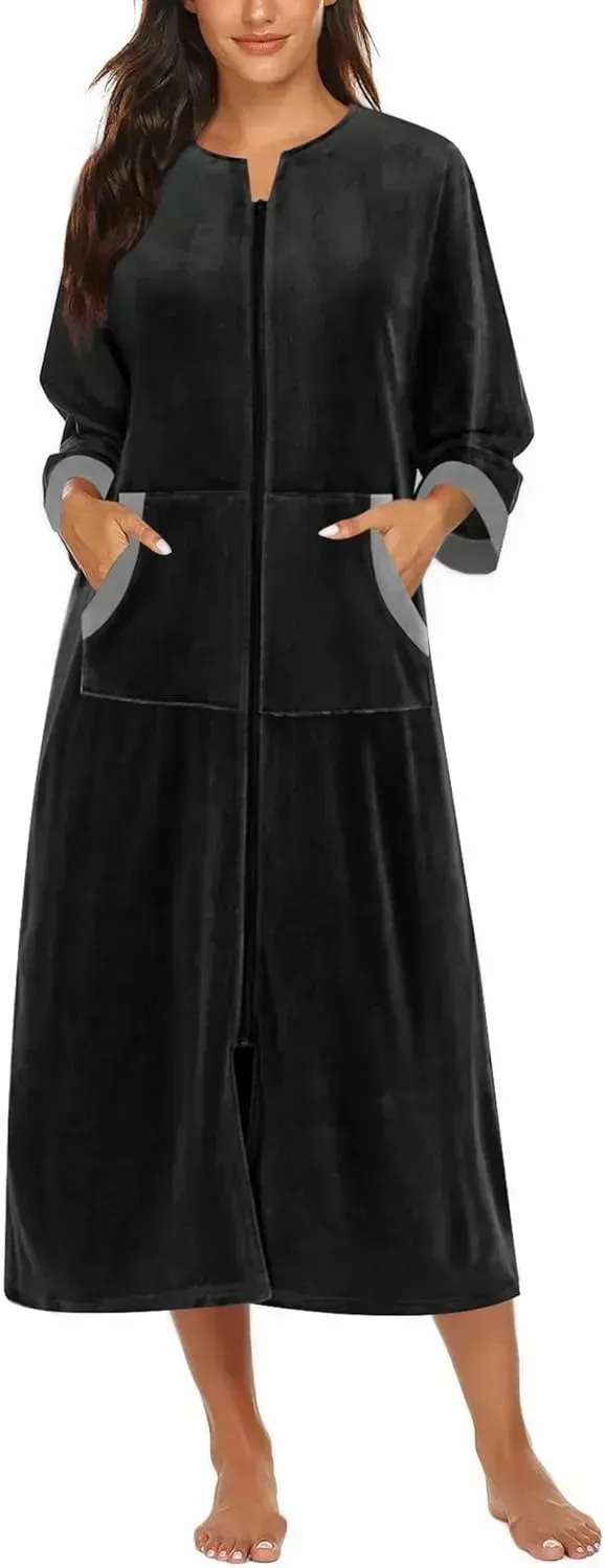 Women Zipper Robe 3/4 Sleeves Loungewear Dress Full Length Sleepwear Pockets Housecoat Nightgown Long Bathrobe