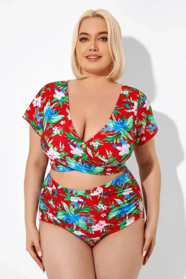 Flower Printed V-neck Bikini Top with Sleeves
