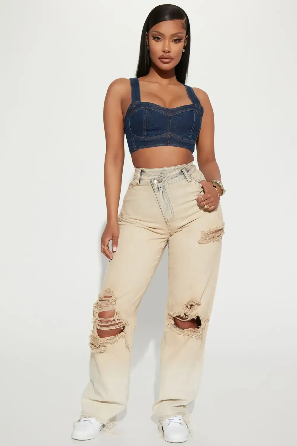 Quite The Catch Crossover Non Stretch Straight Leg Jeans - Beige