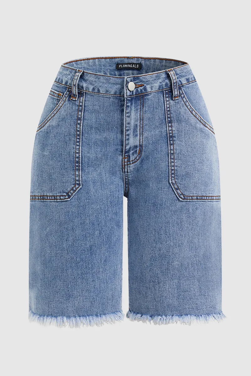 Wash Raw Hem Flap Pocket Mid Rise Straight Leg Denim Bermuda Shorts