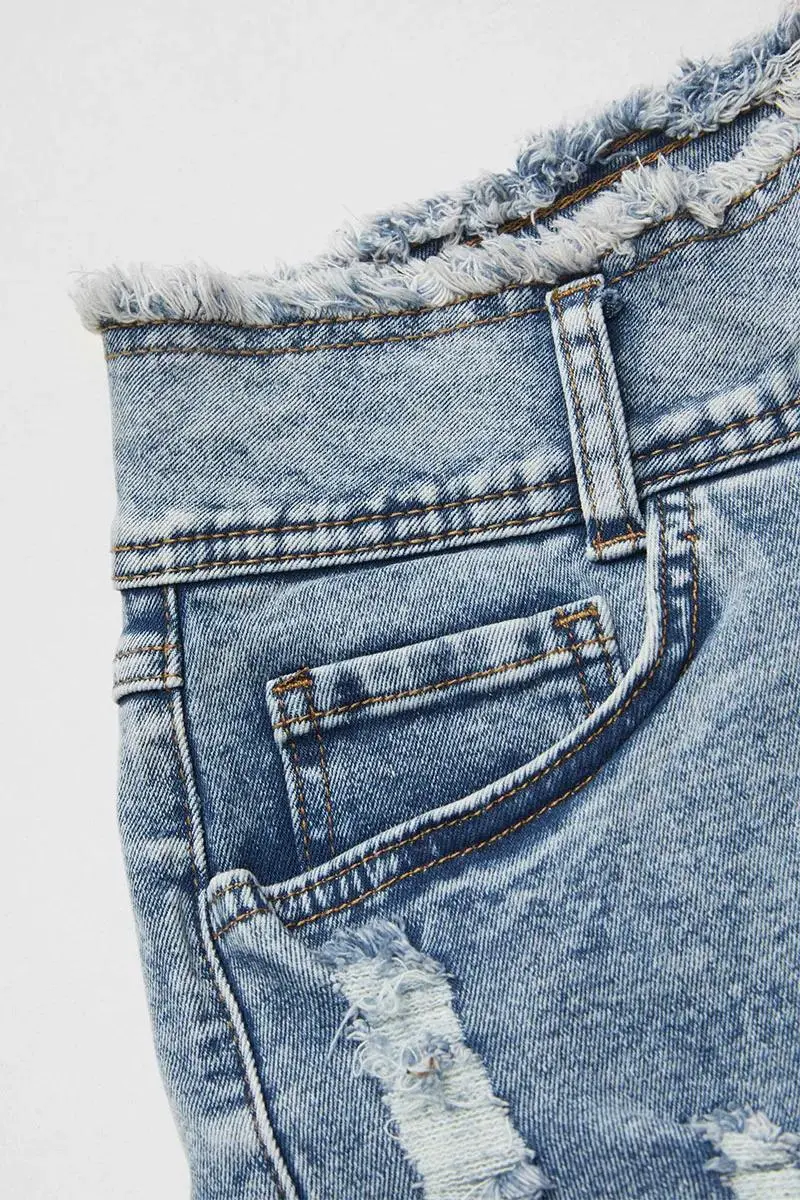 Ripped Raw Trim High Waist Denim Shorts
