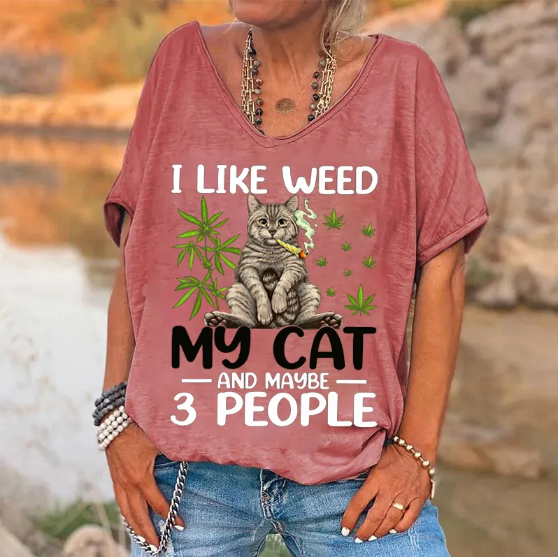 🔥🔥I Like Weed My Cat Print Women's V-neck T-shirt