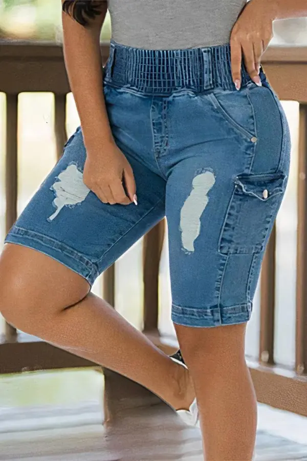 Ripped Flap Pocket Elastic High Waist Denim Bermuda Shorts
